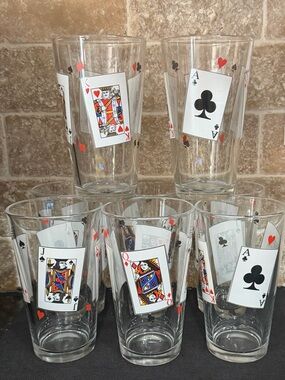 VTG Luminarc France Playing Card Set of 8 Pint Glasses MCM Poker Game Night 16oz